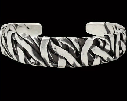 Detailed view of STRIKE Cuff Bracelet with rugged striped metalwork and open-ended silver band