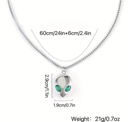 SPOCK Alien Pendant dimensions: 2.3 cm height, 1.5 cm width, 45 cm chain length, 20 g weight, shown with hypnotic green eyes and titanium steel finish