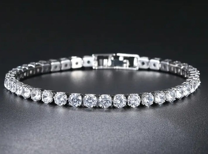 Side angle of SPARK Tennis Bracelet showcasing premium silver links and high-shine zirconia detailing