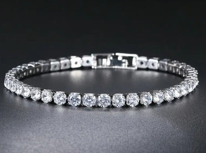 Side angle of SPARK Tennis Bracelet showcasing premium silver links and high-shine zirconia detailing