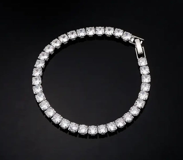 DSTONE Iced Out Crystal Tennis Bracelet with 5mm zircon stones arranged in circular layout on black background, showcasing high-shine hip hop style