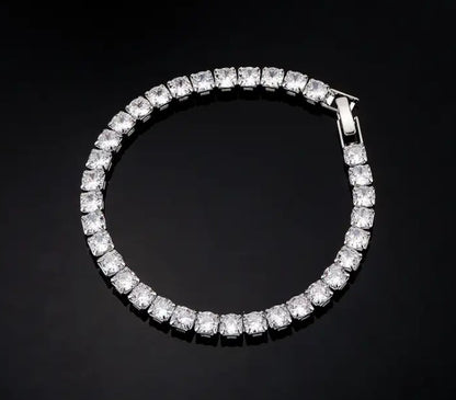 DSTONE Iced Out Crystal Tennis Bracelet with 5mm zircon stones arranged in circular layout on black background, showcasing high-shine hip hop style