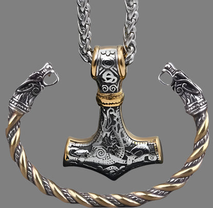Men’s Viking Wolf Talisman jewellery set featuring a Norse-inspired pendant necklace and matching bracelet in stainless steel, symbolising strength, loyalty, and protection.