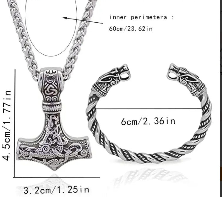 "Close-up of Viking Wolf Talisman pendant with Norse engravings, wolf head clasps, and chain dimensions."