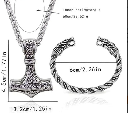 "Close-up of Viking Wolf Talisman pendant with Norse engravings, wolf head clasps, and chain dimensions."